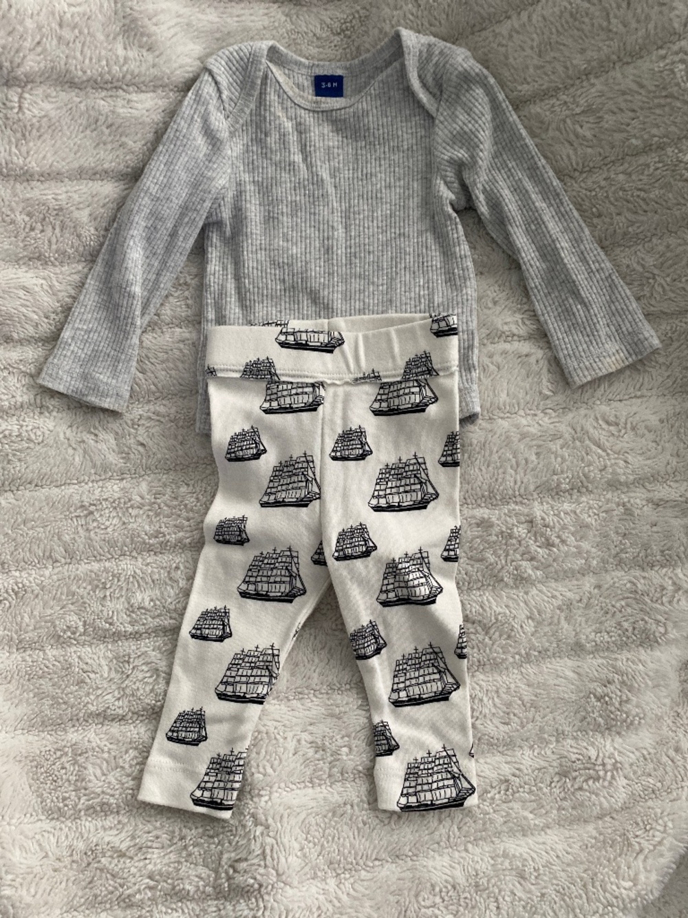 Kate Quinn Skinny Pants with Big Ships and Gray Onesie